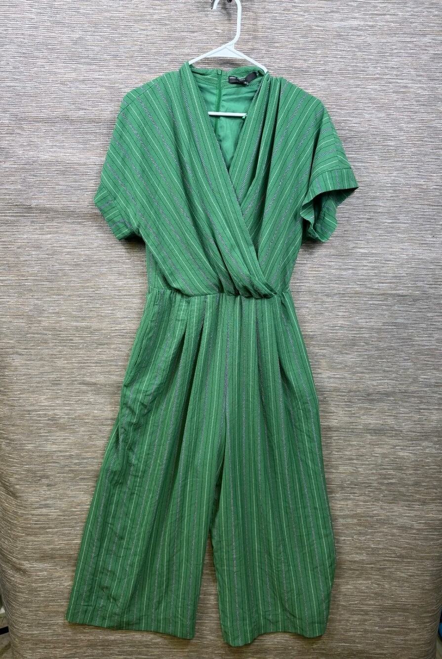 Maggie London Faux Wrap Jumpsuit Womens Size 8 Green Striped Wide Leg Cropped